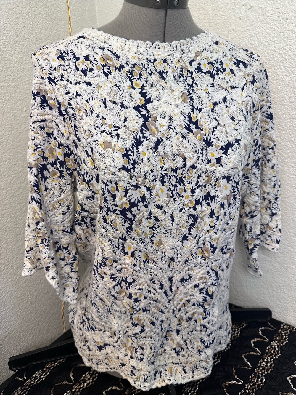 Navy Floral Top with White Embroidery Overlay. Very elegant.
